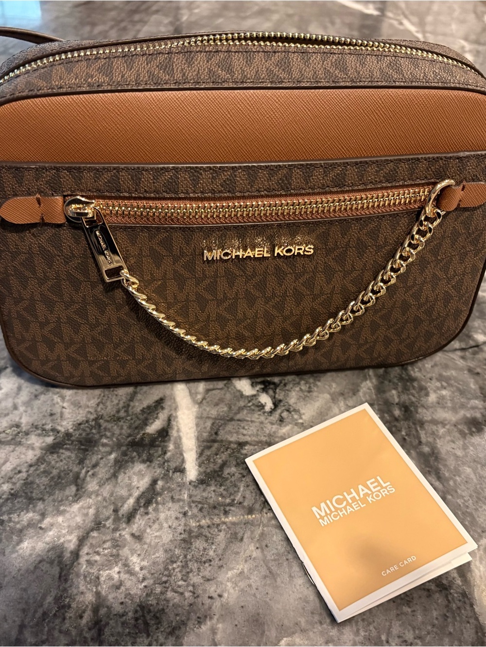 Michael Kors Brown & Tan Logo Crossbody with Gold Chain Detail